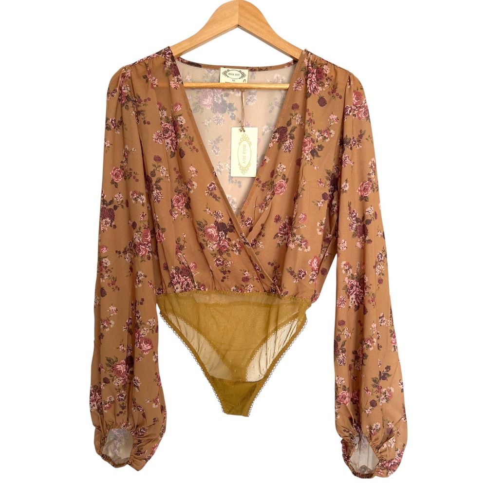 Joyfolie Glen Bodysuit Womens XL Ditsy Ochre Floral Wrap Bishop Sleeve NWT